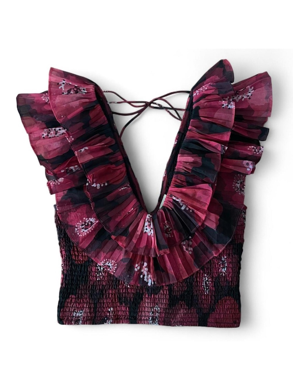 Ollari New York Red/Black Floral Ruffled Organza Blouse